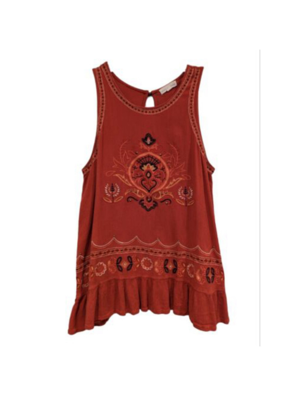 Coco + Jaimeson Top Ladies Med Rust Sleeveless Blouse Floral Embroidery Boho
